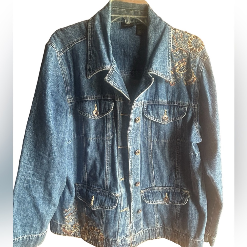 Khazana Size 1X Denim embroidered and Sequined Jean jacket 1X, 4 pockets